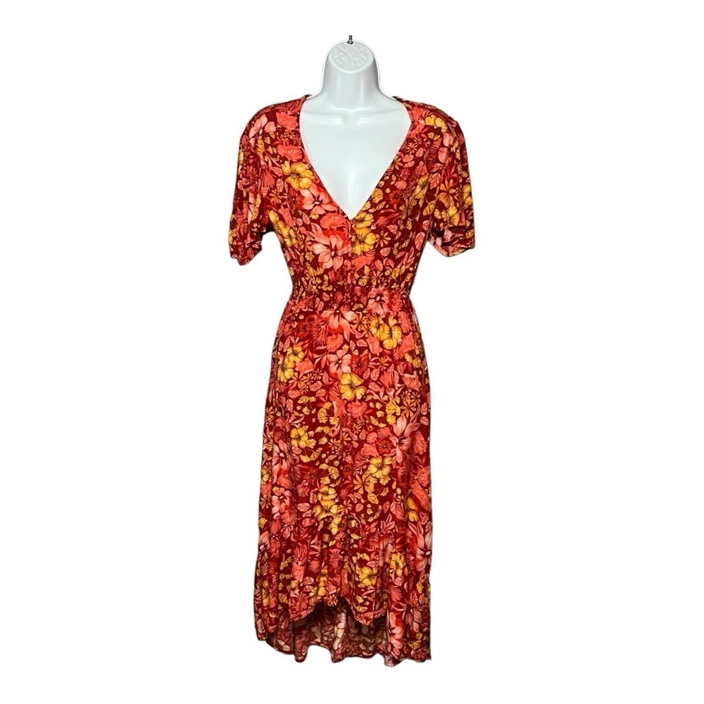 Abel The Label Osaka XS Floral Smocked Flutter Sleeve Tiered Midi Dress